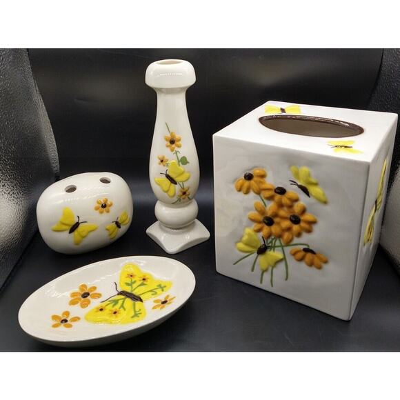 Vintage Ceramic 4 Piece Bathroom Vanity Set Butterfly Daisy Yellow Orange 1980's - Picture 1 of 16
